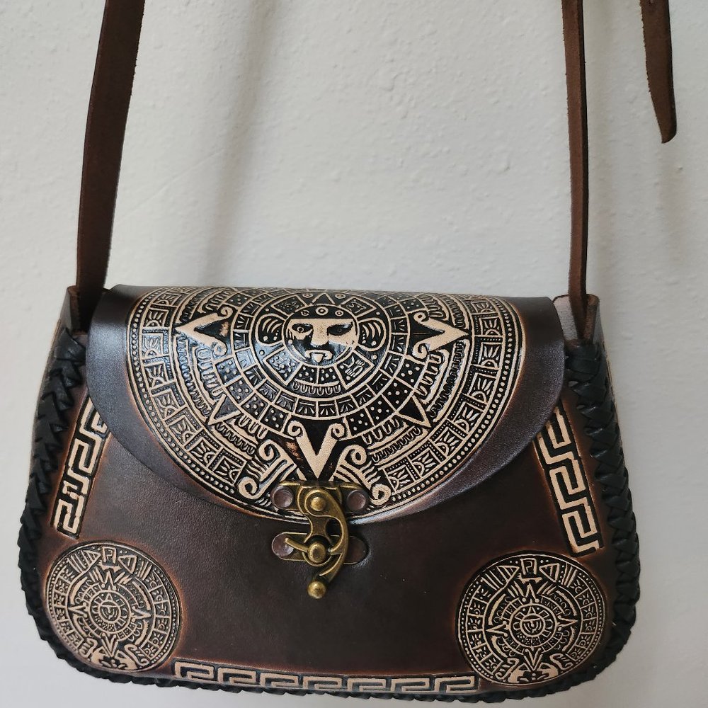 Mexican hand tooled leather purse Aztec Calendar Design